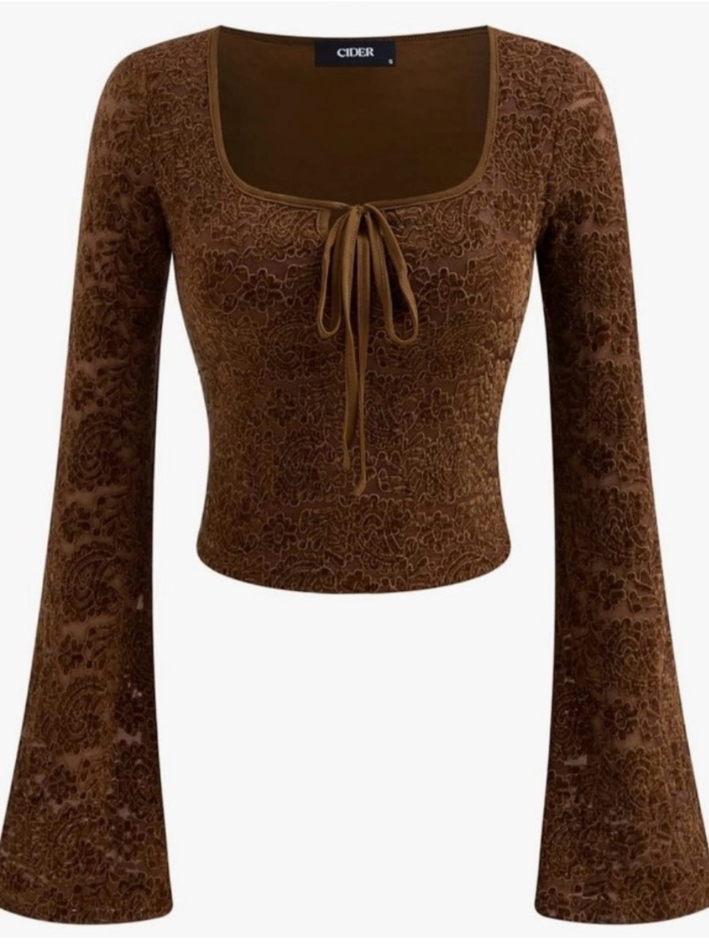 Cider Brown Lace-Textured Square-Neck Tie-Front Crop Top